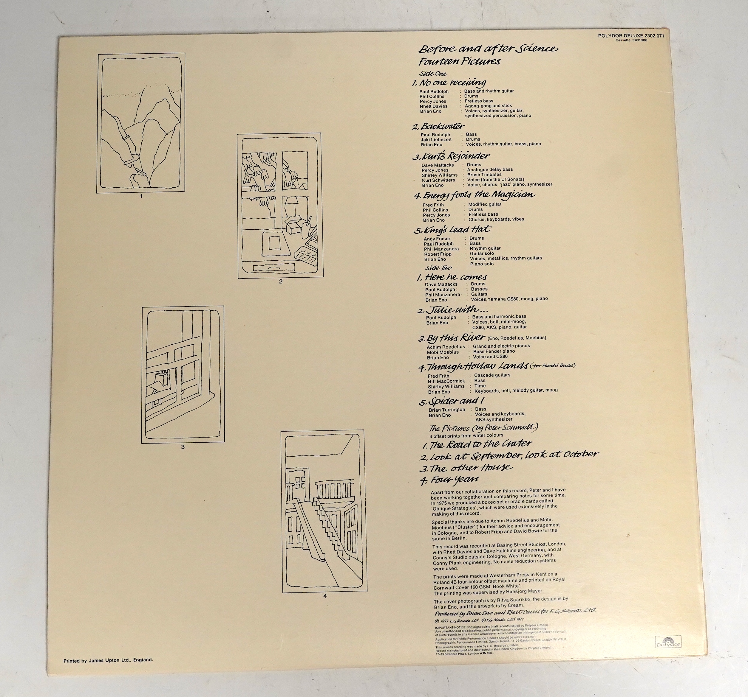 Brian Eno; Before and After Science LP record album on Polydor label 2302 071, with the four Peter Schmidt prints in envelope